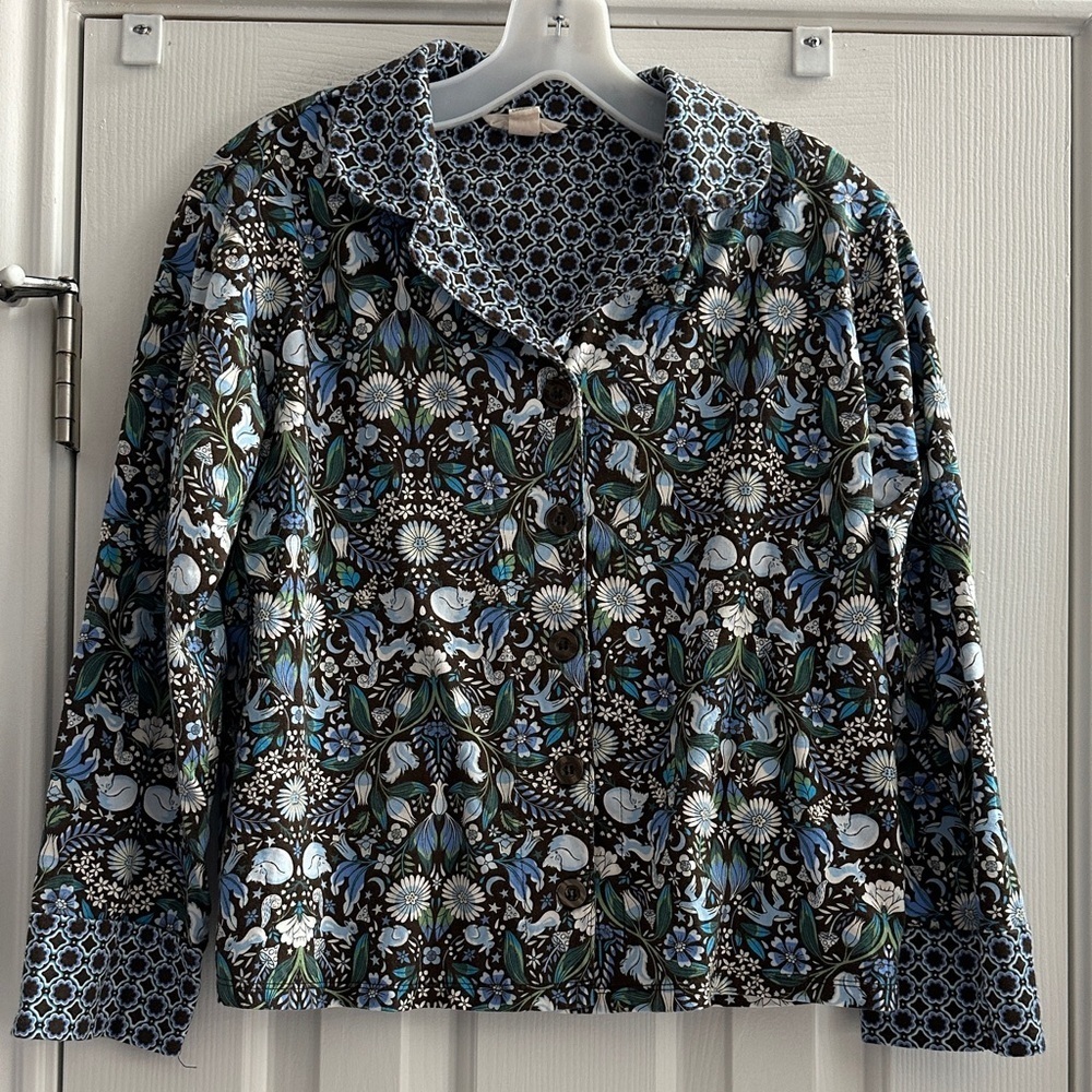 Vera Bradley Floral Pajama Top Blouse Brown Blue Small Whimsical Fairycore Retro